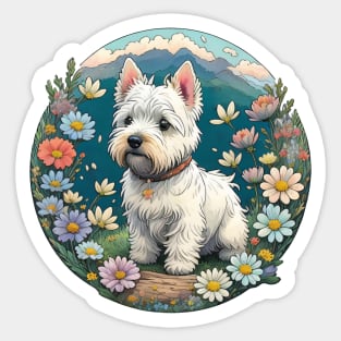 Westie Flower Scene Sticker